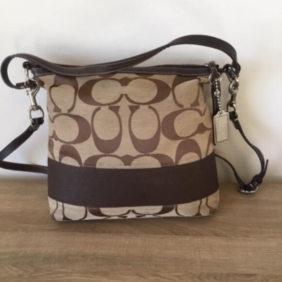 Coach Signature C - 2 Way Shoulder Bag Brown Canvas Leather Top Zip M0953-F13674 - Picture 2 of 11